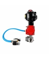 Кран шаровой DN.ru BV3232P(4pc)-SP-3WT-T-ISO-H WDVF Ду25 Ру63 стандартнопроходной, 3-ходовой Т-тип, внутренняя резьба, нержавеющая сталь AISI 316, PTFE, с пневмоприводом PA-DA-065, пневмораспределителем 4V320-08 AC220V и БКВ APL-510N EX