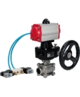 Кран шаровой DN.ru BV3232P(3pc)-FP-W-ISO-H Ду40 Ру40, полнопроходной, трехсоставной, нержавеющая сталь 316, уплотнение - PTFE, под приварку, с пневмоприводом PA-DA-083, пневмораспределителем 4V320-10 AC220V, ручным дублером MON2-450-T28-ISO