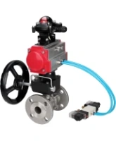 Кран шаровой DN.ru BV3131P(3pc)-FP-F-ISO-H Ду15 Ру40, трехсоставной полнопроходной фланцевый, нержавеющая сталь SS304, PTFE, с пневмоприводом PA-DA-052, с пневмораспределителем 4V320-08 AC220V, с БКВ APL-210N, ручным дублером MON1-250-T26-ISO