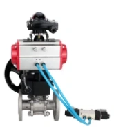 Кран шаровой DN.ru BV3131P(3pc)-FP-F-ISO-H Ду15 Ру40, трехсоставной полнопроходной фланцевый, нержавеющая сталь SS304, PTFE, с пневмоприводом PA-DA-052, с пневмораспределителем 4V320-08 AC220V, с БКВ APL-210N, ручным дублером MON1-250-T26-ISO